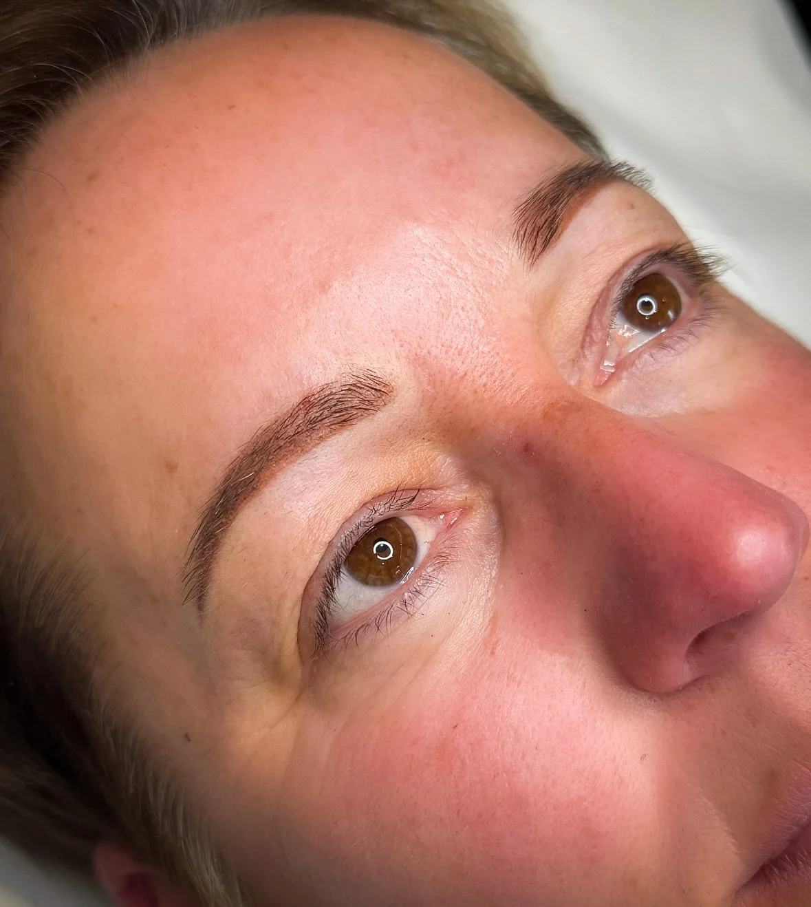 Close-up of a woman's face, showing her eyes, eyebrows, and nose. She has brown eyes, well-groomed eyebrows, and smooth skin.