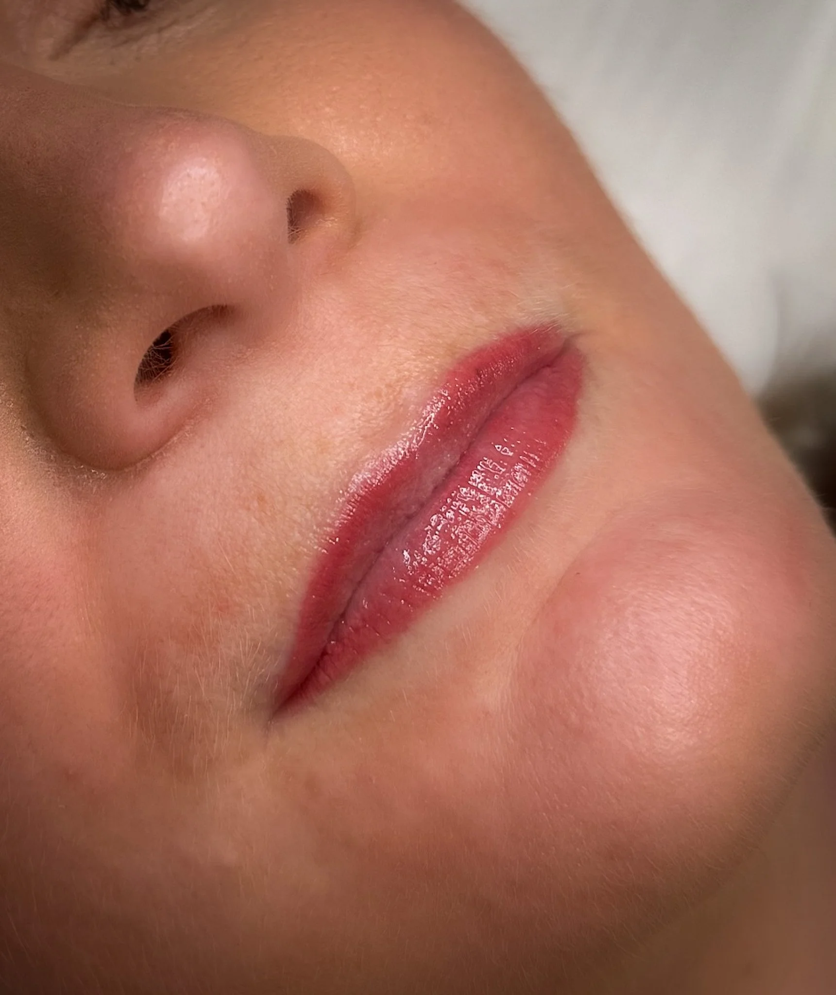Close-up of a person's nose, lips, and chin, with smooth skin and natural makeup.