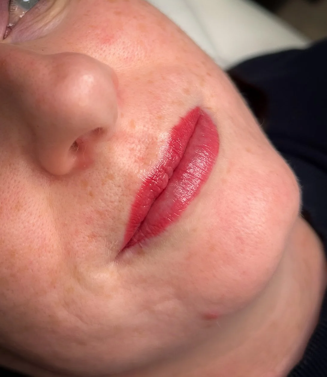 Close-up of a person's face showing nose, lips with lipstick, and part of cheek with visible skin texture.