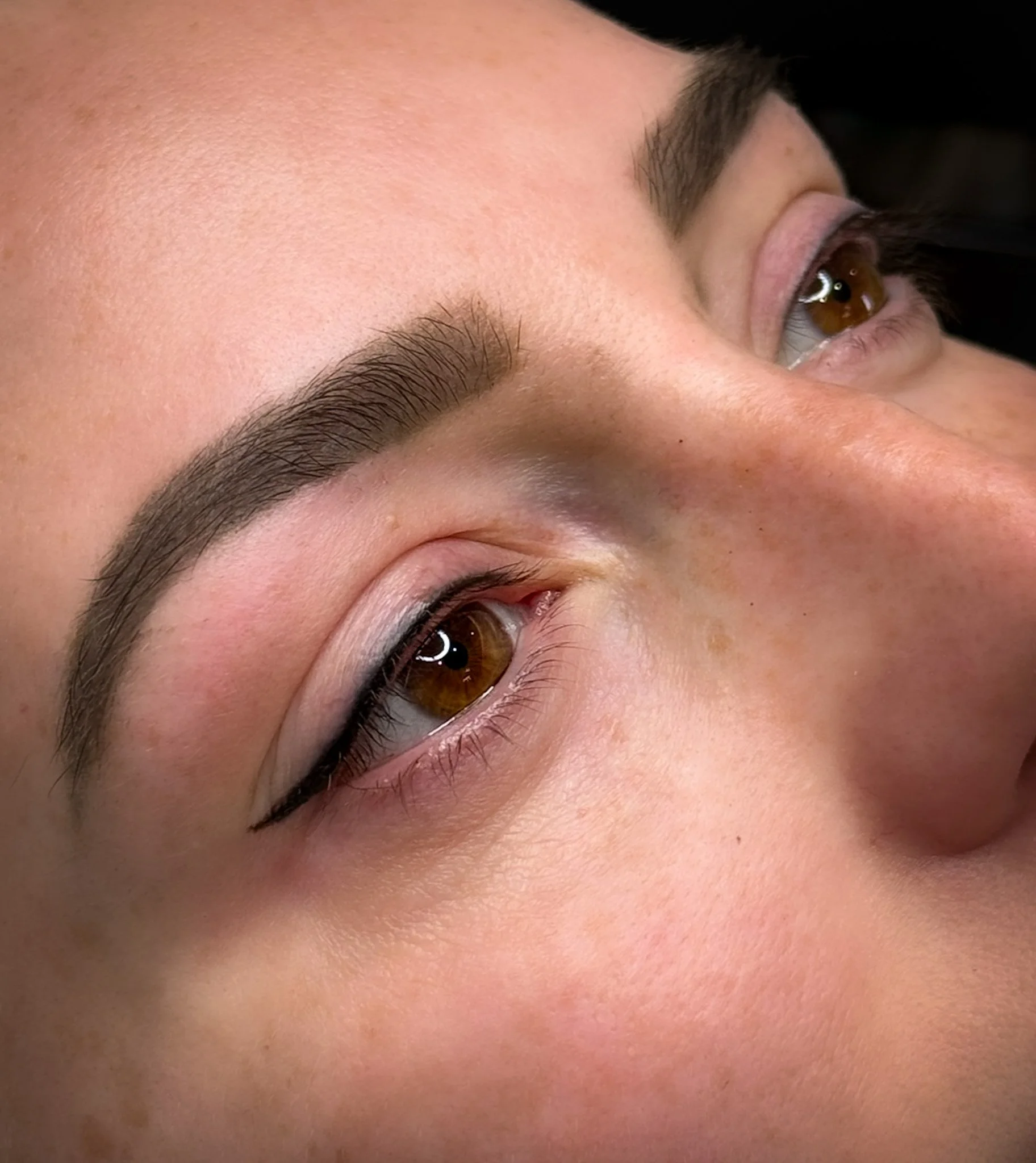 Close-up of a woman's face focusing on her eyes, with well-groomed eyebrows, subtle eye makeup, and brown eyes.