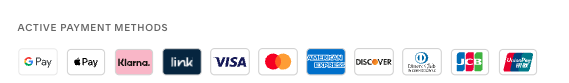 Icons of various active payment methods including Google Pay, Apple Pay, Klarna, Link, Visa, Mastercard, American Express, Discover, Diners Club, UnionPay, Amazon Pay, and Google Wallet.