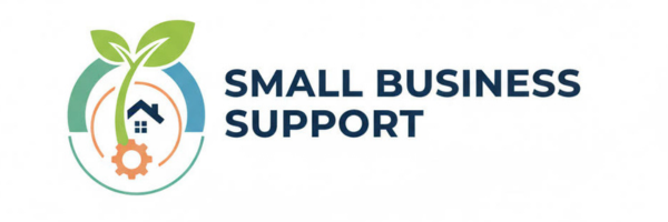 Logo with a green leaf, a house, and an orange gear, alongside the text 'Small Business Support'.