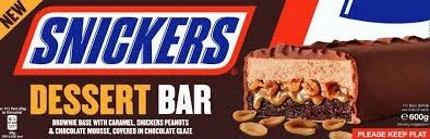 Snickers dessert bar with caramel, nougat, peanuts, and chocolate coating