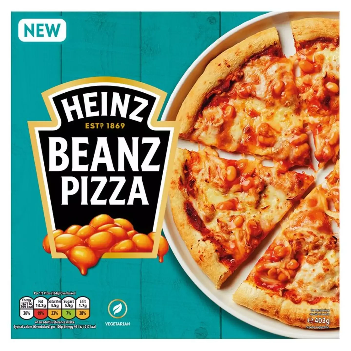 Pack of Heinz Beanz Pizza with a picture of sliced pizza topped with baked beans, cheese, and tomato sauce on a white plate and a teal background.