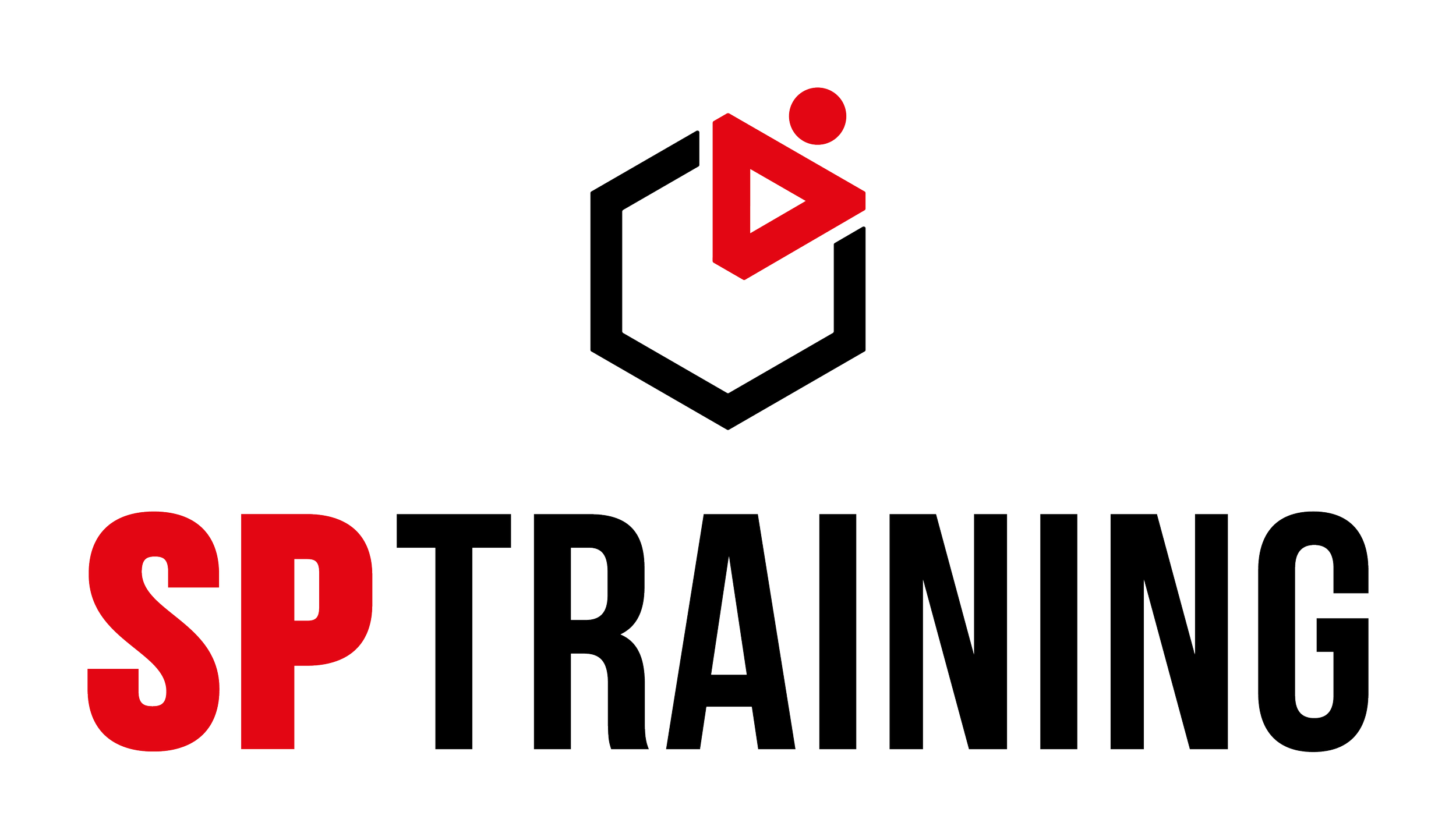Logo for SP Training with black, red, and white colors, featuring a hexagon with a play button and a figure, and the words 'SP Training' in bold.