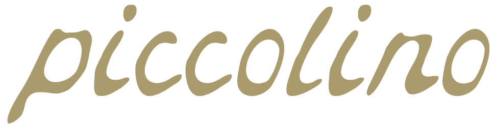 The word 'piccolino' written in cursive font with beige color on a black background.