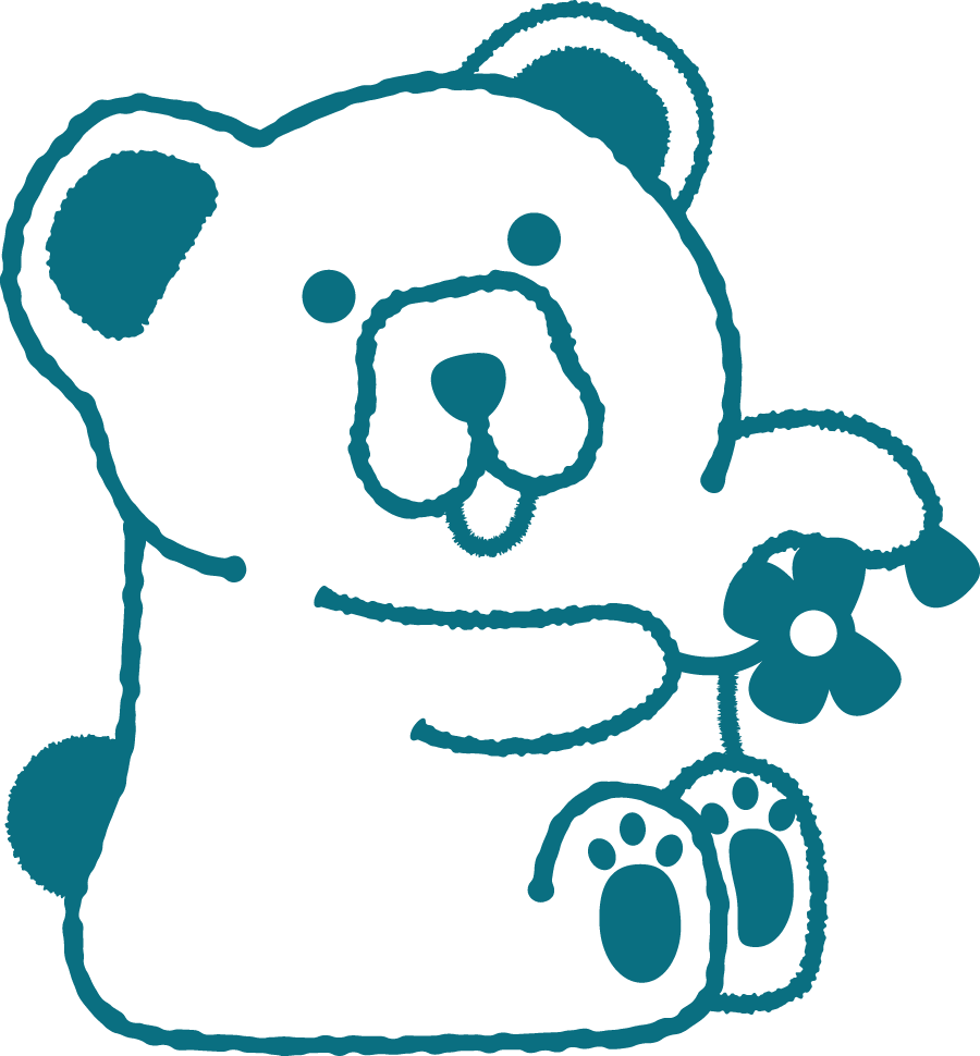 Line drawing of a cute puppy holding a flower and a toy, sitting on its hind legs.