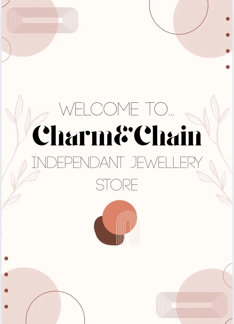 Minimalist design poster welcoming to Charm & Chain, an independent jewelry store.