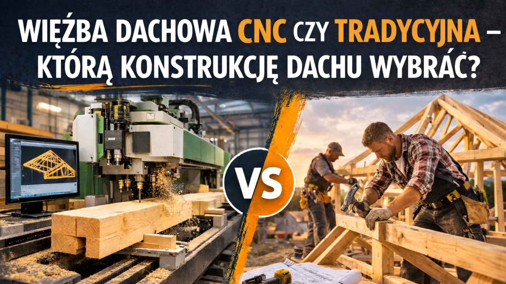 Porównanie więźby dachowej CNC i tradycyjnej – produkcja elementów na maszynie CNC w hali oraz ręczny montaż konstrukcji dachu na budowie.
