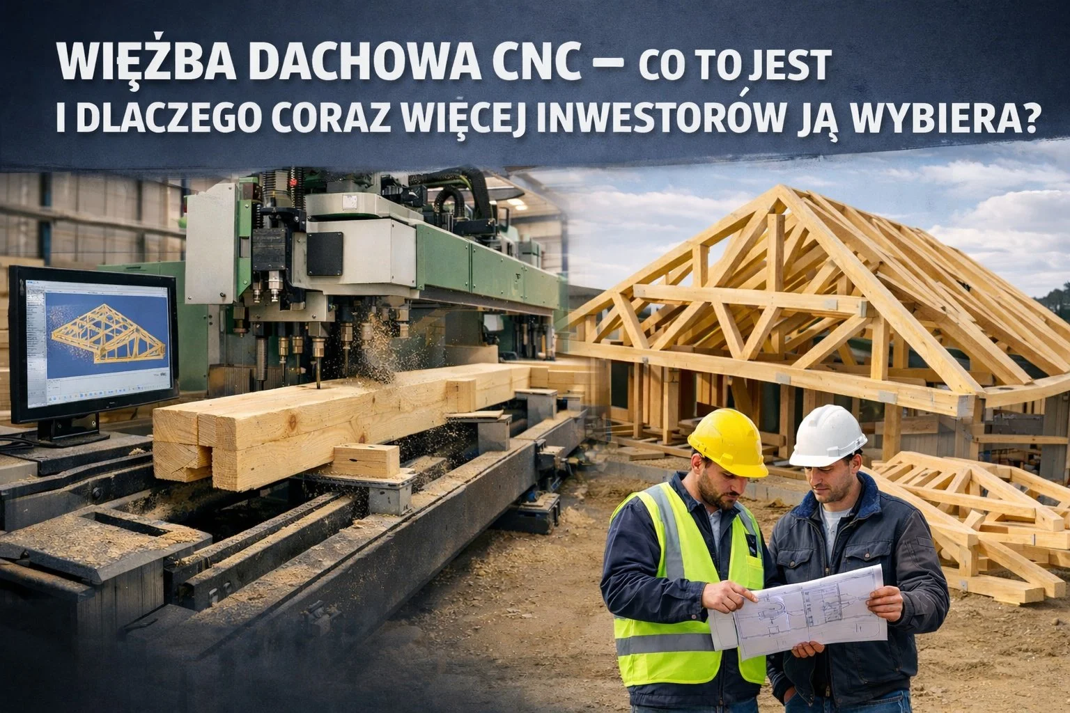 Produkcja więźby dachowej CNC na maszynie stolarskiej w hali produkcyjnej oraz montaż prefabrykowanej konstrukcji dachu na budowie.