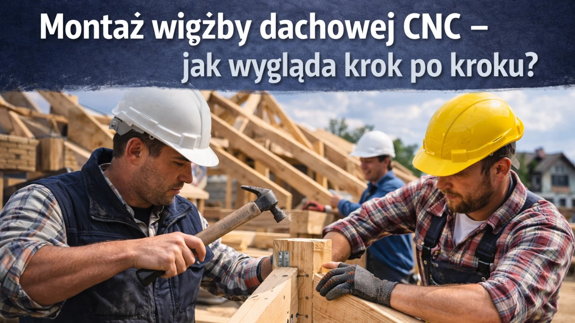 Montaż więźby dachowej CNC na budowie – ekipa montuje prefabrykowane elementy konstrukcji dachu krok po kroku.