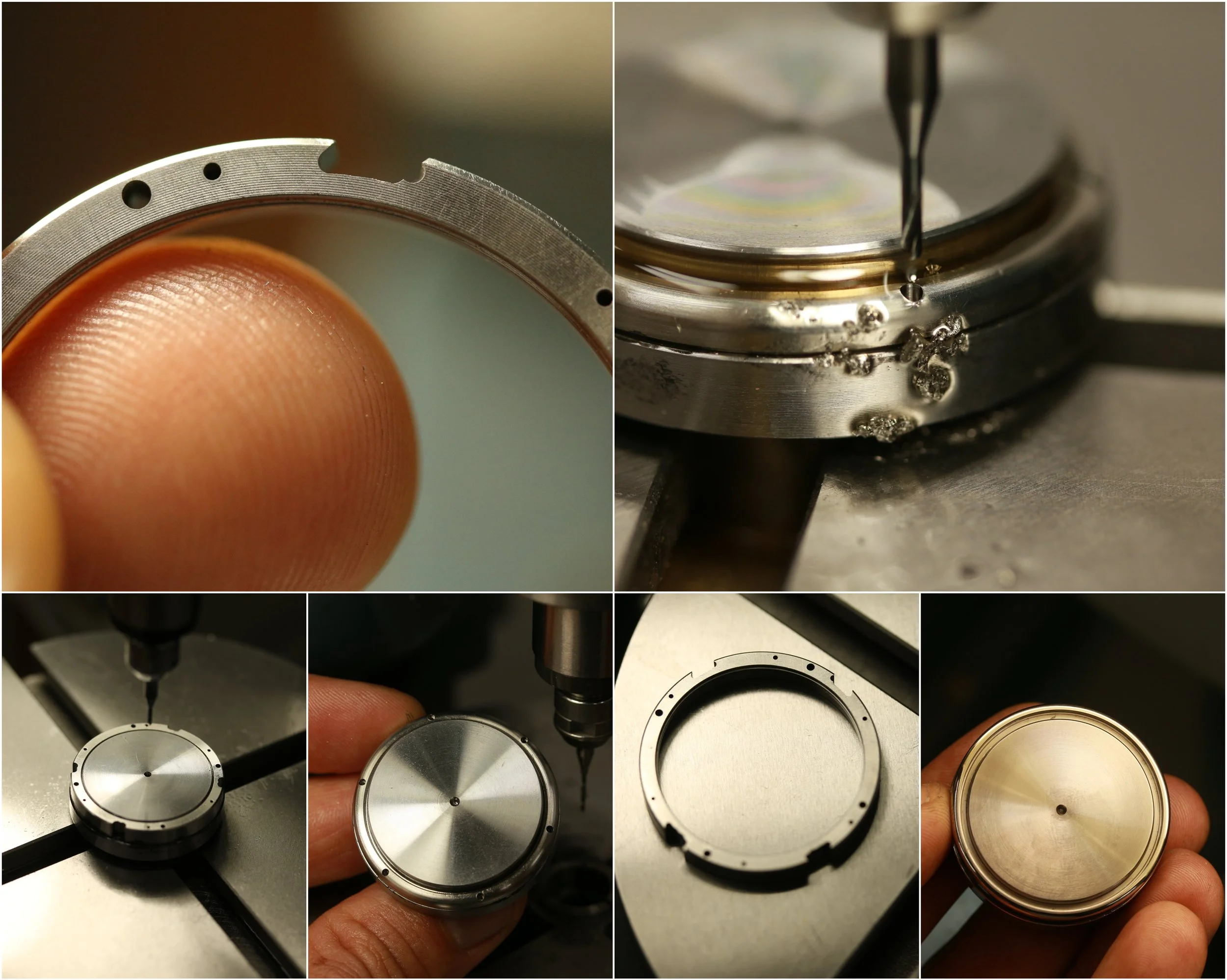 Close-up of a watchmaker assembling or repairing a watch movement, showing various metal watch components and tools.