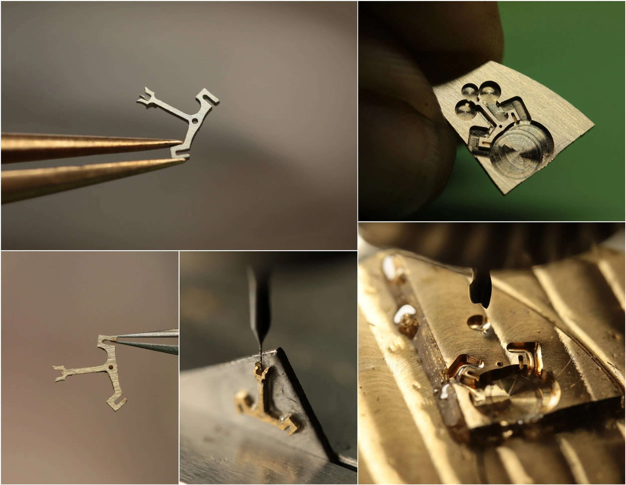 Close-up views of a watch component being manufactured, including the placement of a tiny metal part with tweezers, engraving tools, and assembly within a gold-colored watch case.