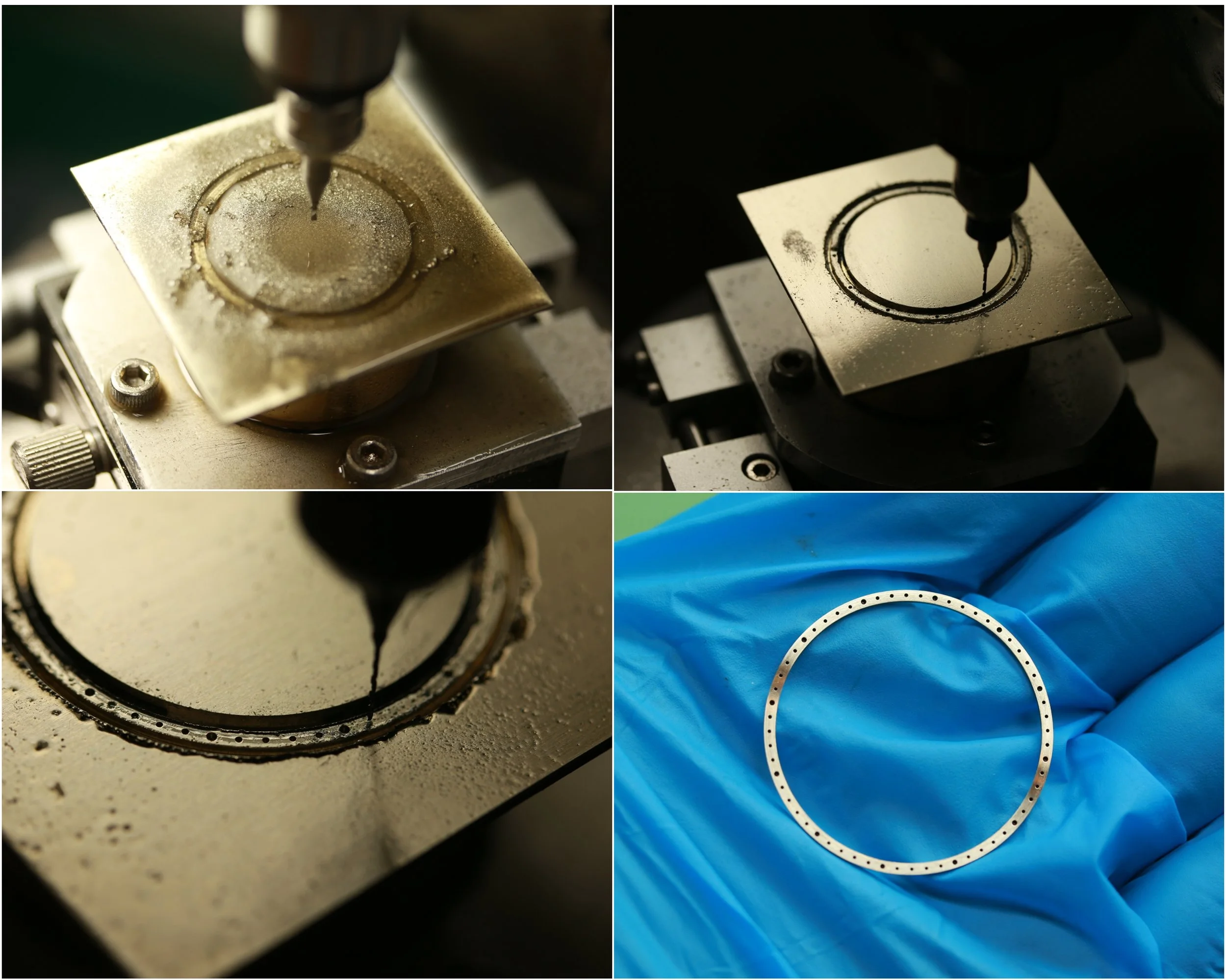 Collage of four images showing the process of manufacturing or inspecting a circular precision metal component. The first two images depict a machine drilling or etching the metal disk. The third image shows a close-up of the metal disk with a pattern of small holes around the edge. The fourth image features the finished metal ring with small holes around its circumference, held on a blue protective glove.