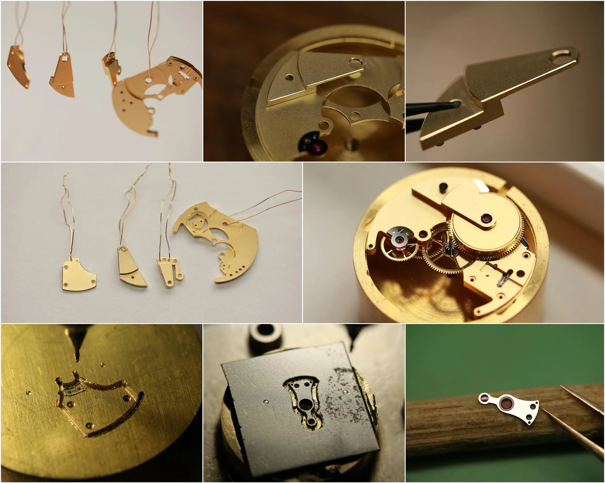 Close-up of various watch movement parts and gears, showing intricate mechanical watch components.