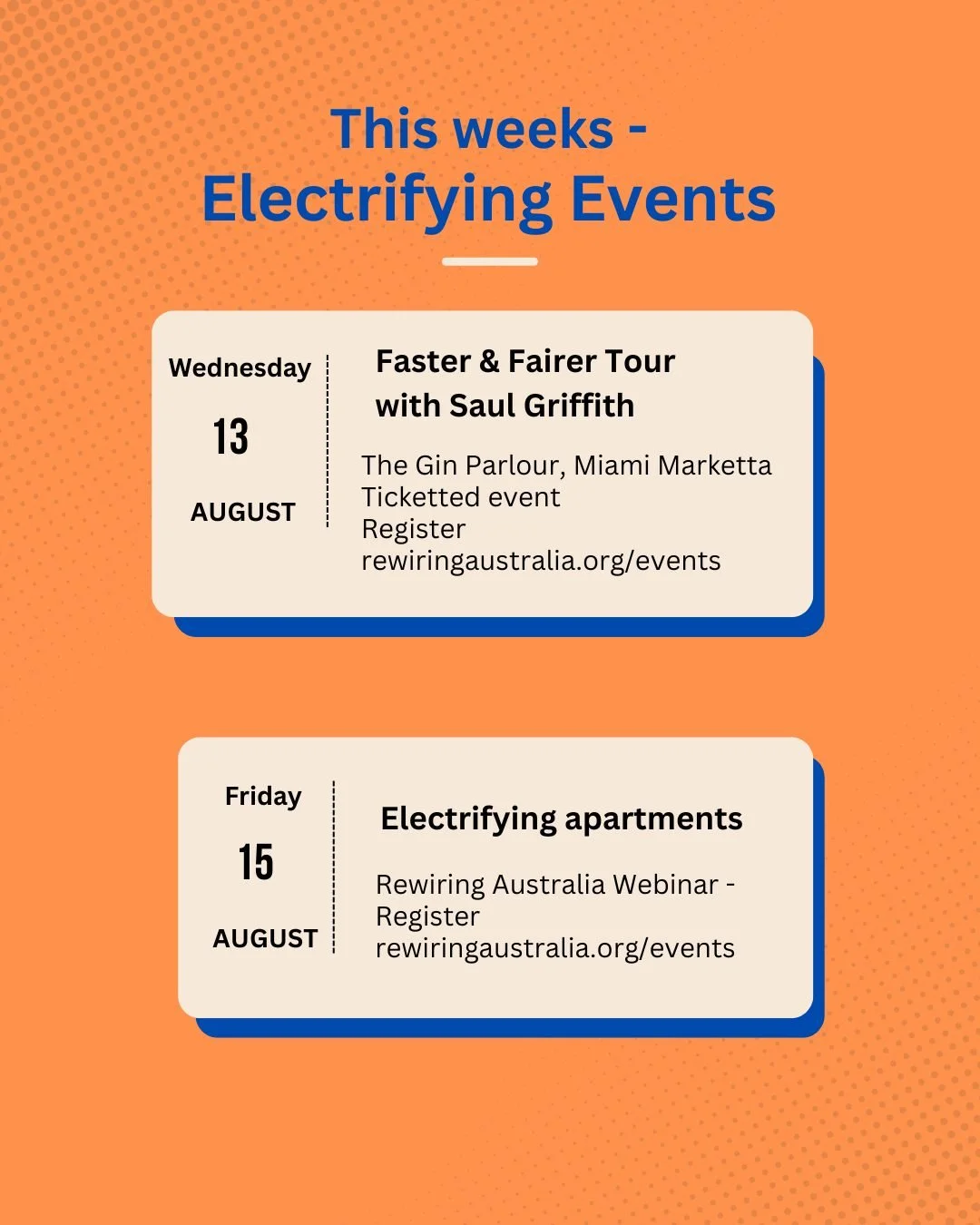 Two ⚡️Electrifying ⚡️events happening this week. 

 ⏰6 pm, Wed 13 August
💡Faster and Fairer Tour with Saul Griffith 
 📍The Gin Parlour, Miami Marketta - registration necessary 

 ⏰12 noon, Friday 15 August 
⚡️Electrifying apartments - webinar 
 
🎟