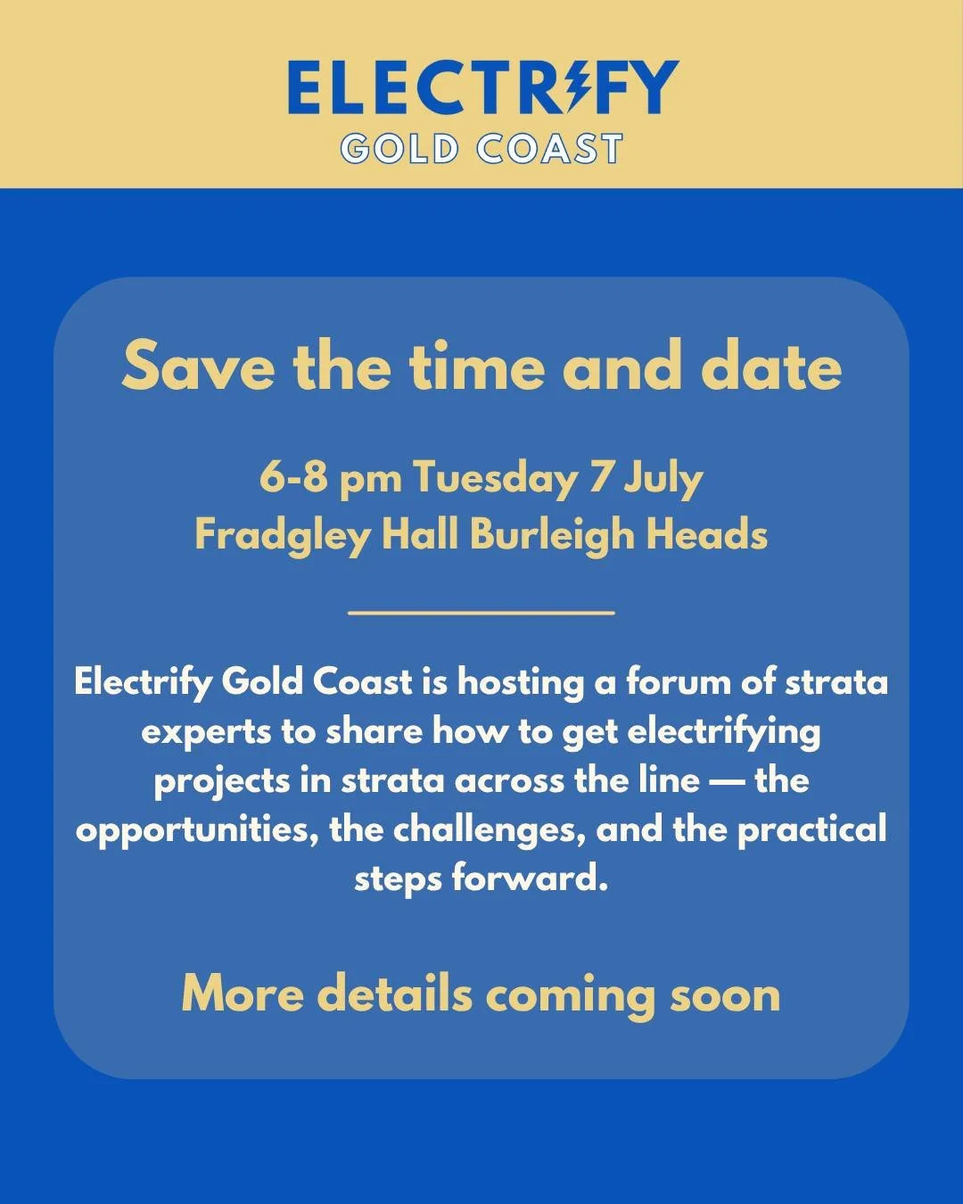 ⚡️Save the time and date ⚡️
🗓️ 6-8 pm Tuesday  7 July
📍Fradgley Hall Burleigh Heads