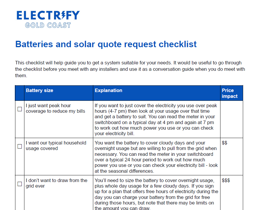 Part of the home battery checklist available for download