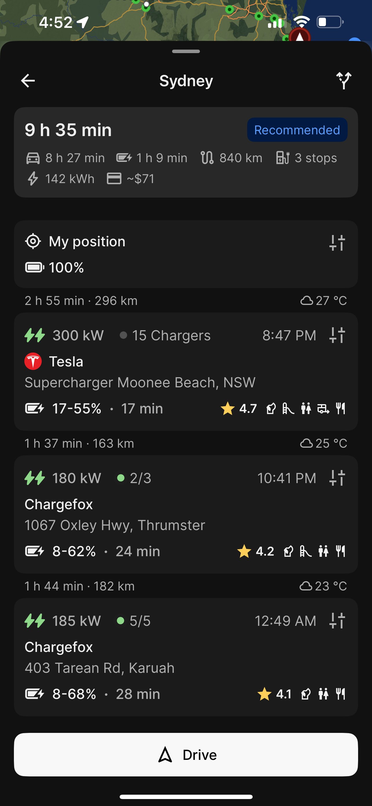 A screen capture of a journey planned using the ABRP app