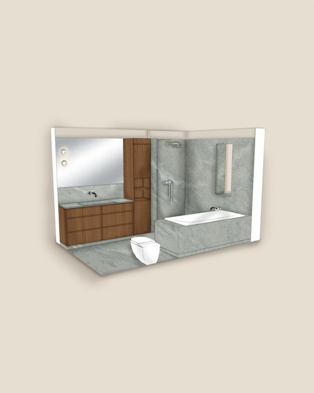 A small bathroom with a lot of character.

In this revived 70s-style home in Saarland, we combined Verde Spluga granite mosaic tiles on floor and walls with dark wood, clean lines, and rounded corners.

By reworking the layout, we were able to fit ev