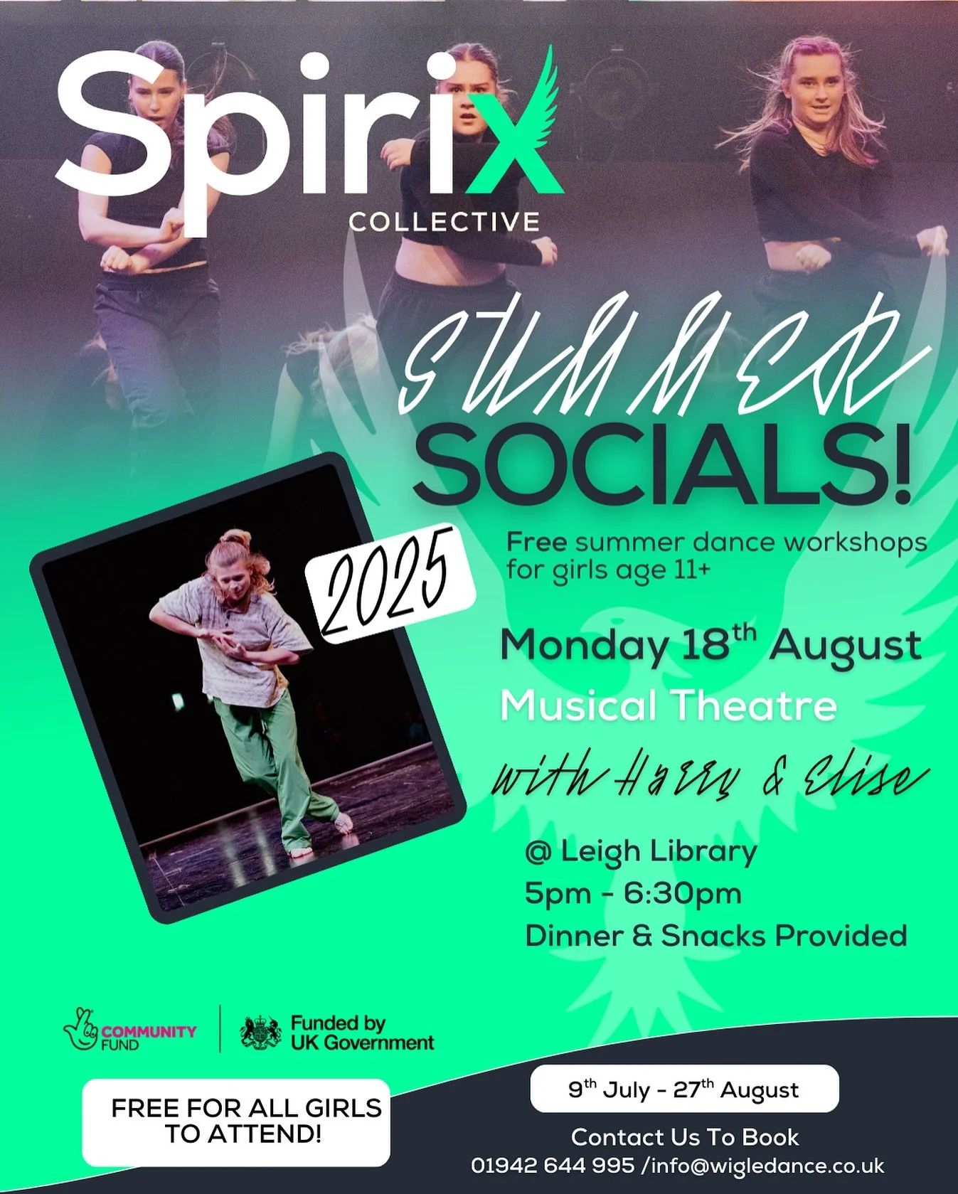 ✨ Summer Socials are BACK! ✨
Join us for a FREE dance workshop just for girls age 11+ 🎉
📅 Monday 18th August 2025
🎭 Musical Theatre with Harry & Elise
📍 Leigh Library | ⏰ 5pm – 6:30pm
🍴 Dinner & snacks included!
No cost, no pressu