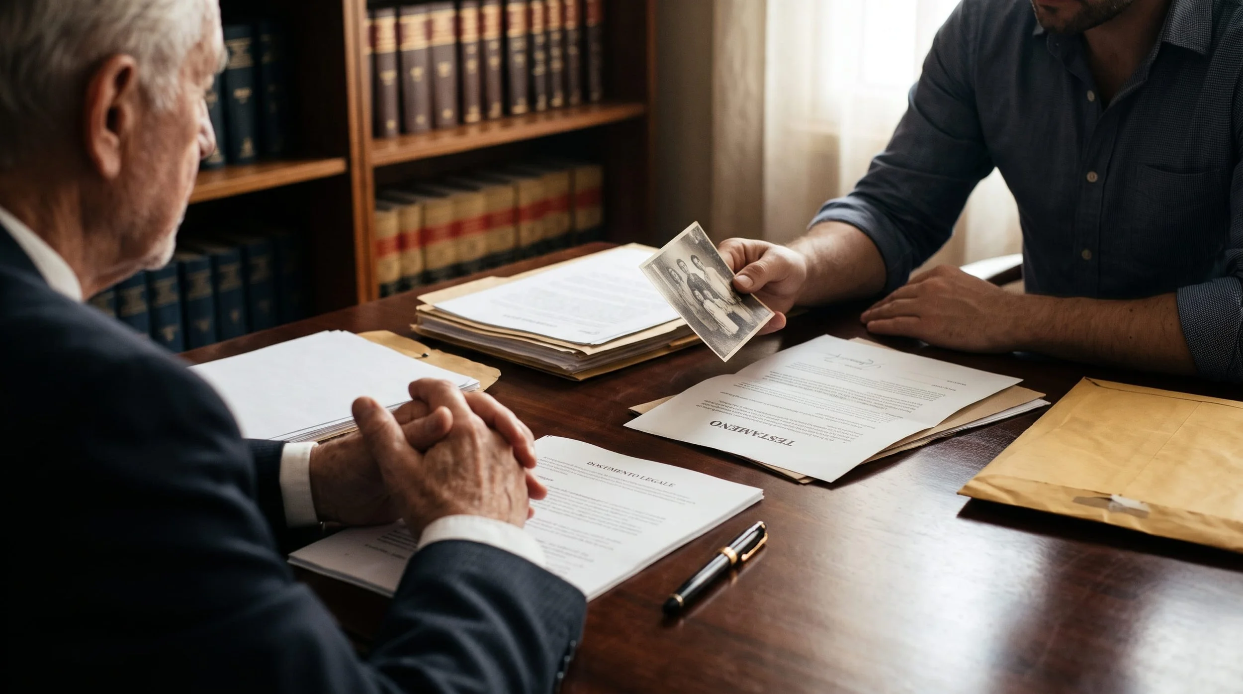Avvocato e cliente a Bolzano e in Trentino Alto Adige Sudtirolo analizzano un testamento, bonifici e documenti legali su una scrivania per valutare una pratica di lesione di legittima ereditaria
