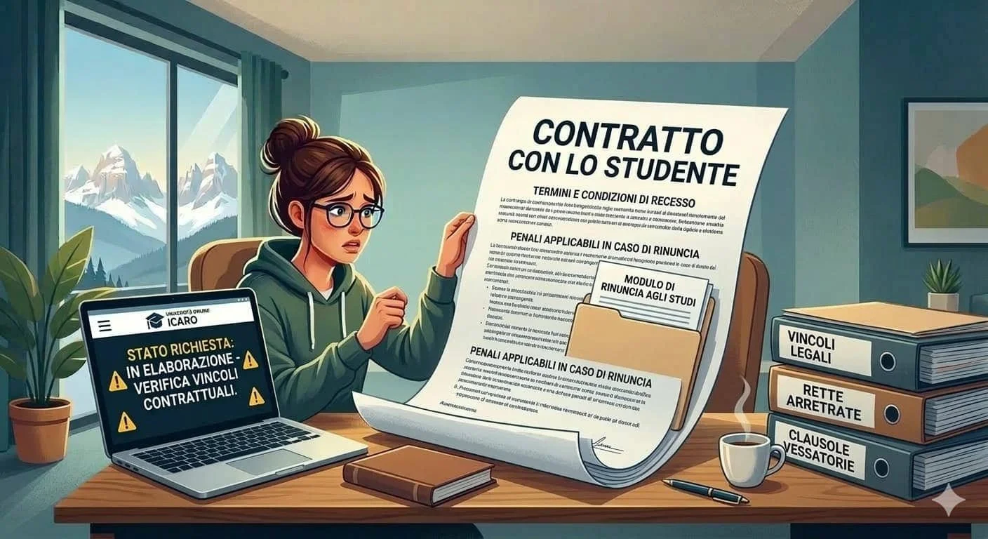 Una donna con occhiali e cappotto verde seduta a una scrivania di fronte a un grande finestrone con montagne innevate, con i capelli legati in uno chignon, che tiene in mano un documento intitolato 'Contratto con lo Studente'. Sul tavolo ci sono un laptop con uno schermo che mostra 'Stato richiesta: in elaborazione - verifica vincoli contrattuali', alcuni libri, un quaderno, una tazza di caffè con vapore e una penna. Sulla scrivania ci sono anche tre grandi raccoglitori con etichette: 'Vincoli Legali', 'Rette Arretrate', 'Clausole Vessatorie'. Sullo sfondo una pianta e una finestra con vista sulle montagne.
