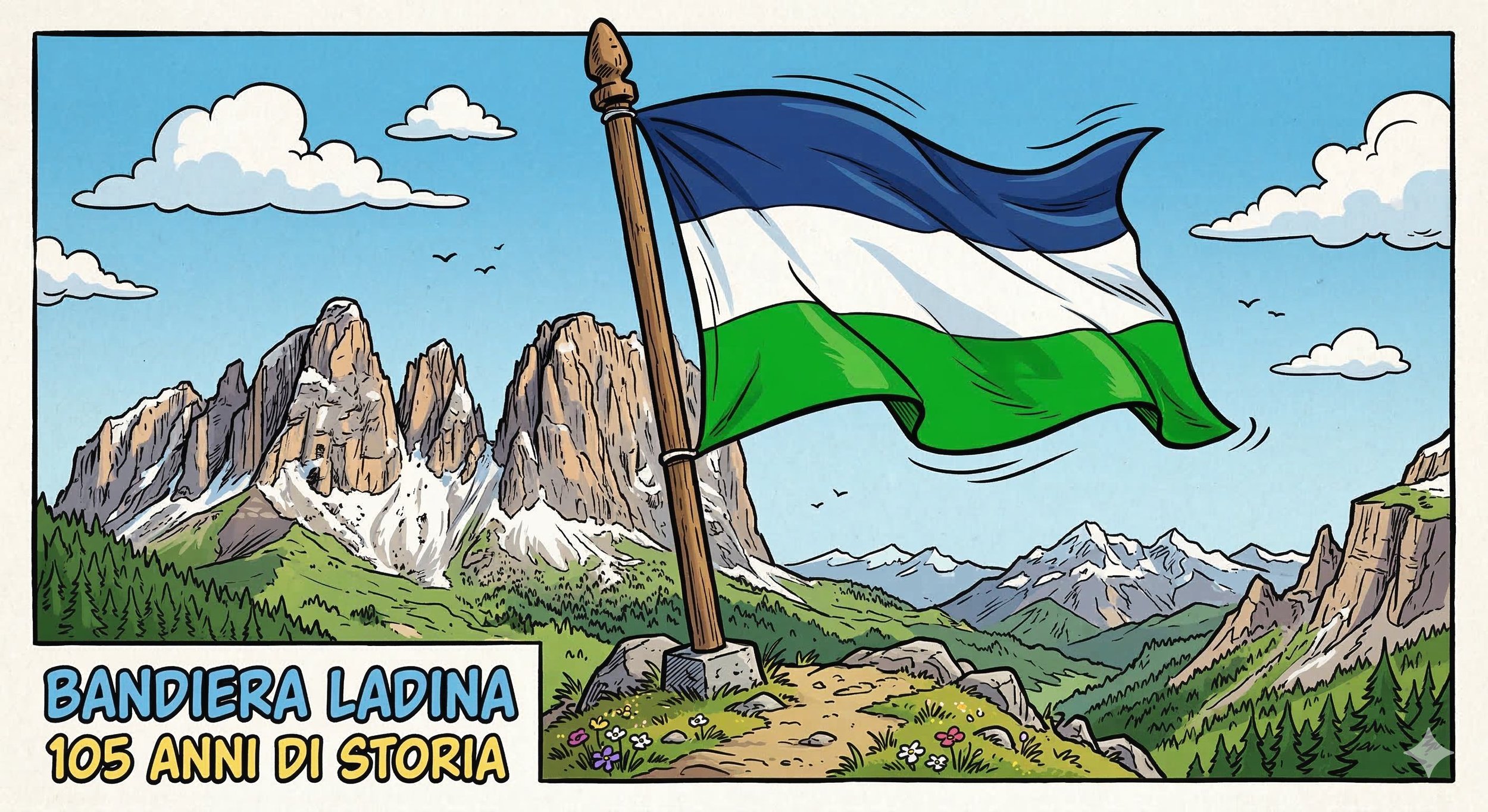La bandiera ladina con i colori blu, bianco e verde, simbolo dell'identità delle valli dolomitiche di Fassa, Badia e Gardena. Significato e storia.
