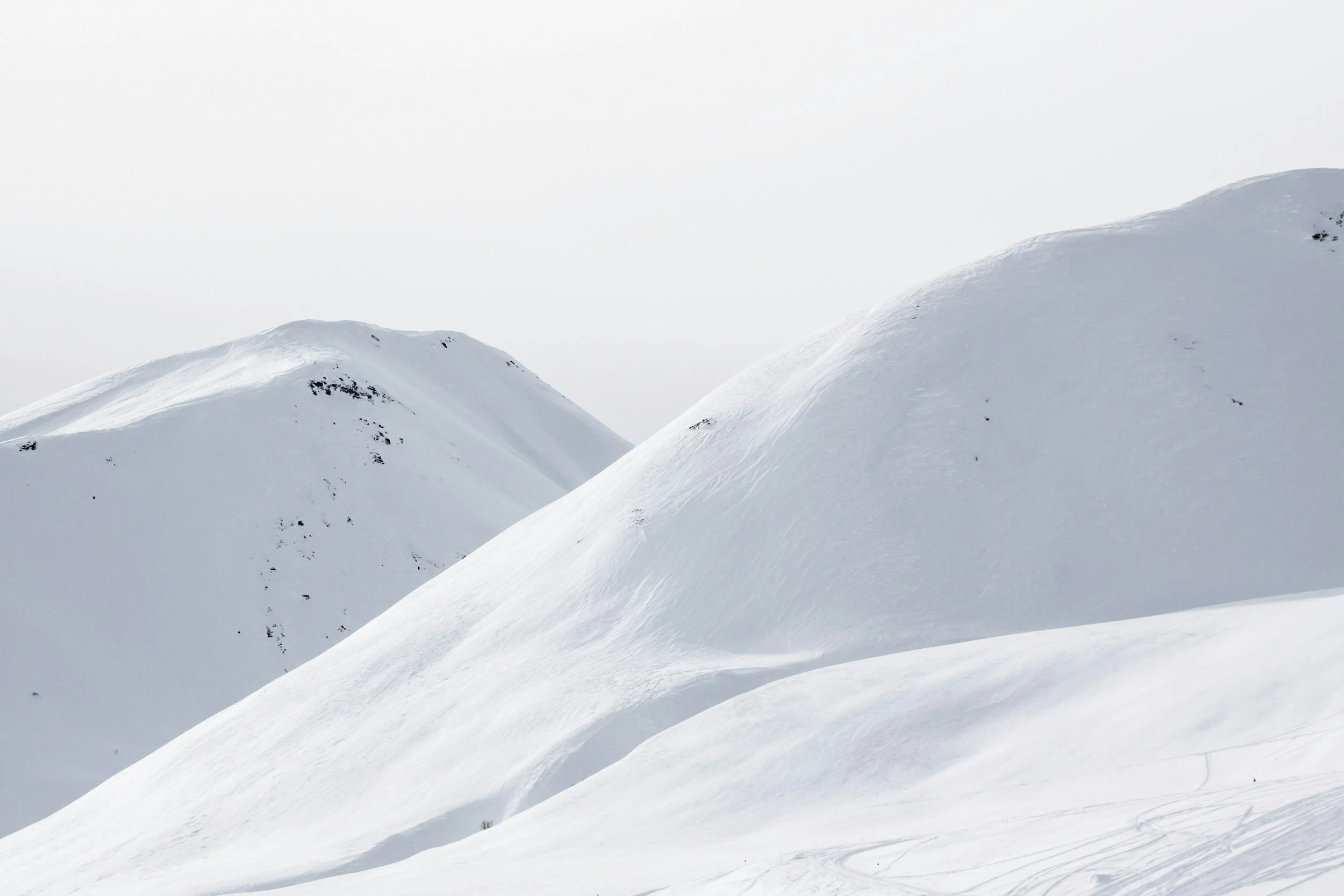 Montagnes enneigées avec des pentes douces et peu d'arbres, sous un ciel gris clair.
