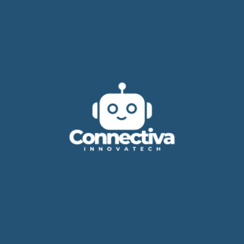 Logo blanc d'un robot avec le texte 'Connectiva INNOVATECH' sur un fond bleu.