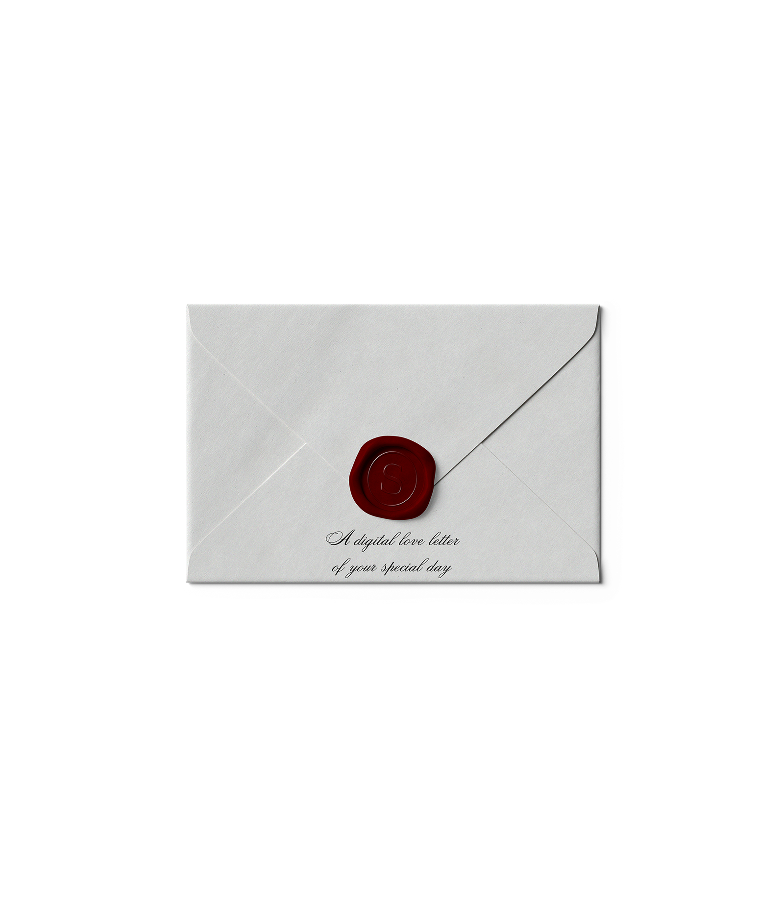 White envelope sealed with red wax stamp and black outline, with the text "A digital love letter of your special day" written below the wax seal.