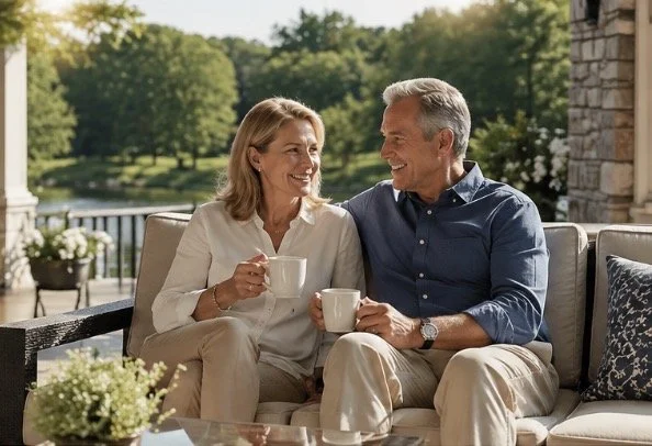 A representation of a retired Frankfort, Illinois couple sitting on a porch, holding coffee mugs and smiling at each other in a scenic outdoor setting with trees and water in the background after estate planning.