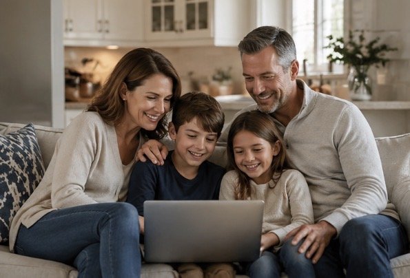 Married couple sitting with their kids representing a family after putting an Illinois Will in place.