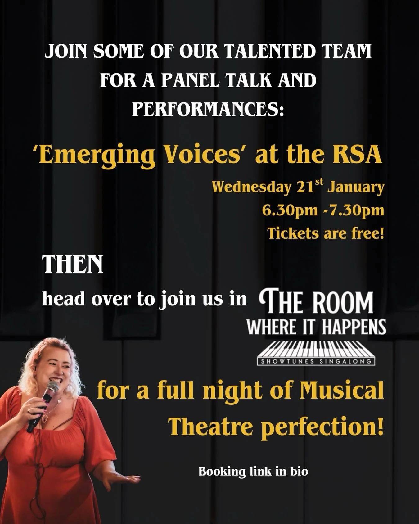 For an evening full to the brim with musical theatre, join our fabulous @nataliedurkincomedy @ayeshasingsongs @esmec_north @dmacauley_ &amp; @davecribb at @thersaorg to feel inspired, then pop over to The Room and join the rest of our team for a sing