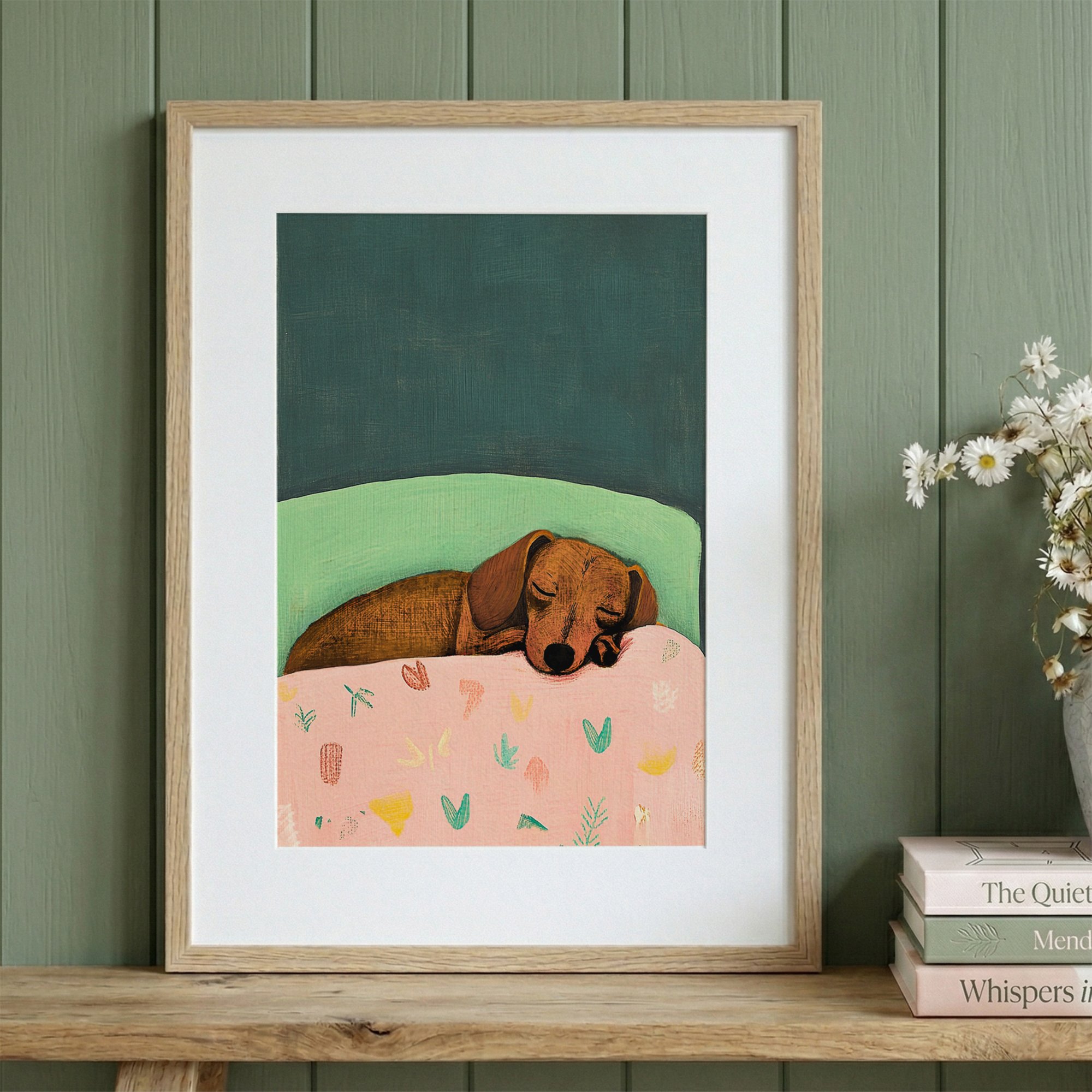 cozy-wiener-dog-nursery-illustration-pastel-pink-framed printjpg