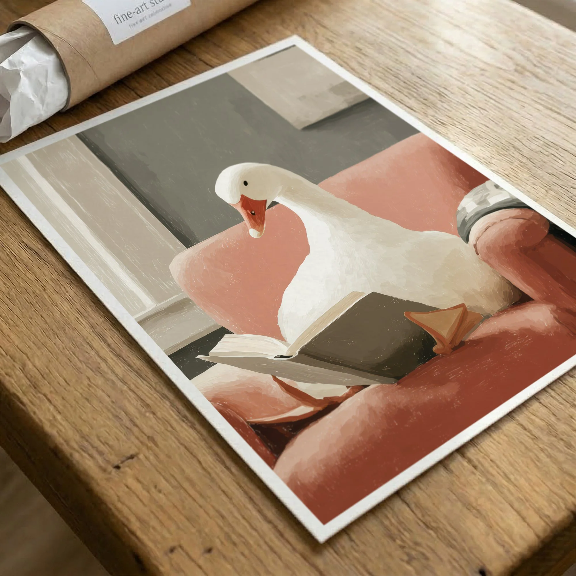 white-goose-reading-pink-sofa-fine-art-paper.jpg