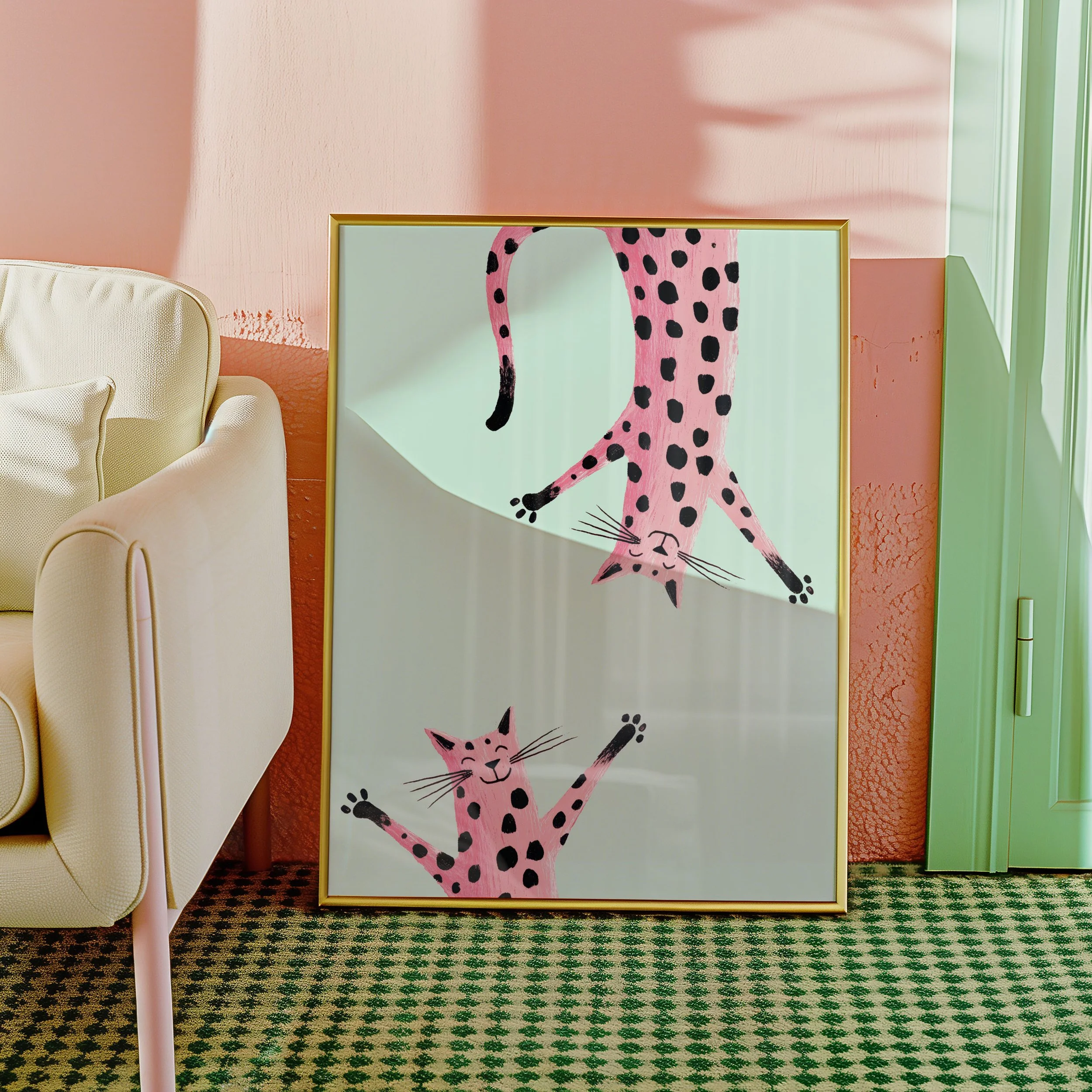 pink-spotty-cats-mint-playful-framed-print.jpg