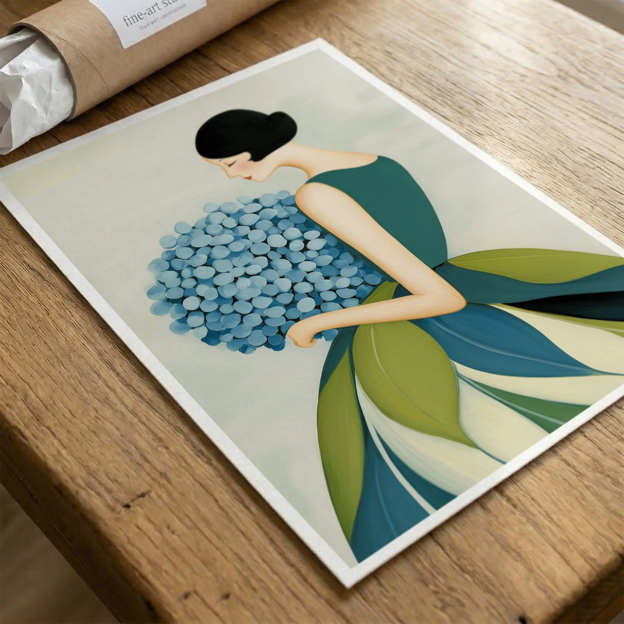 elegant-lady-blue-hydrangeas-art-deco-style-fine-art-paper