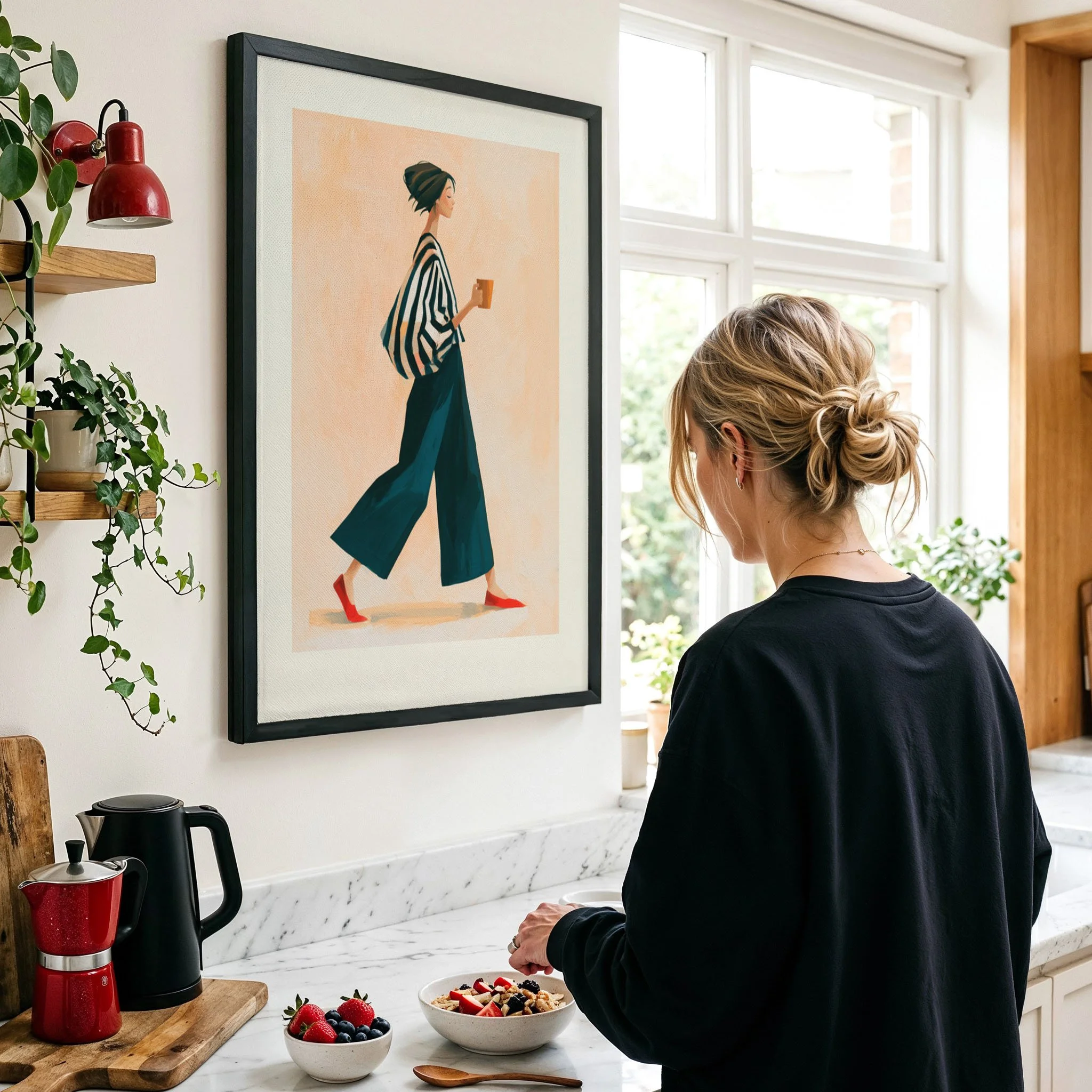 woman-walking-coffee-striped-tote-framed-print.jpg