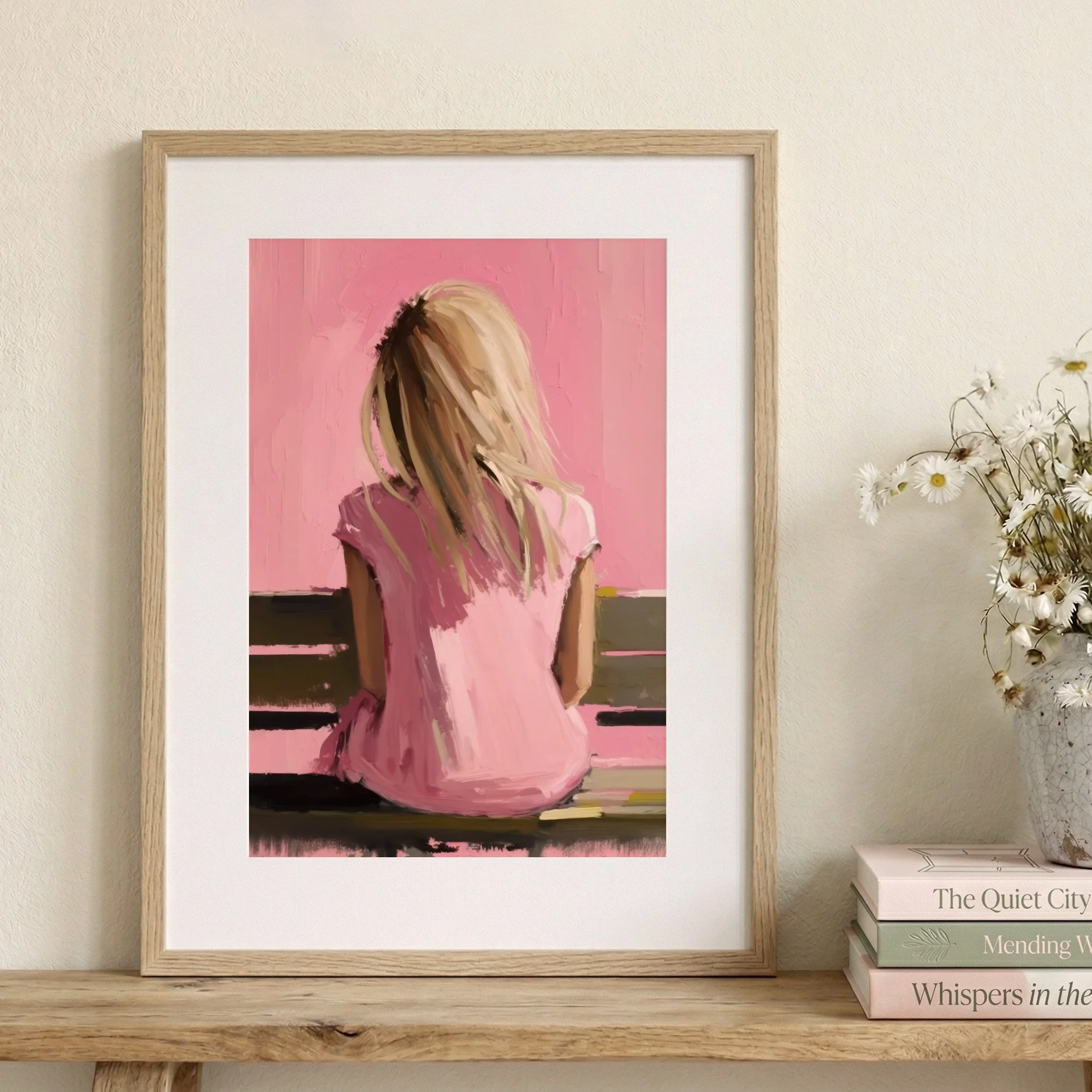 girl-bench-pink-back-view-framed-print.jpg