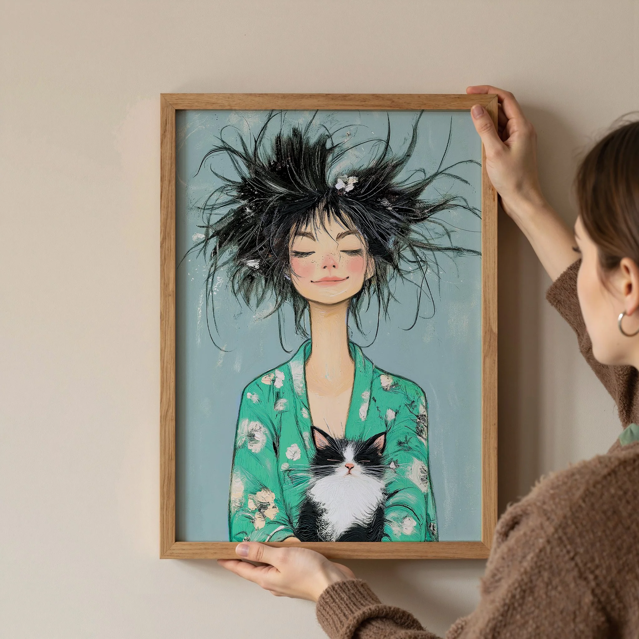 messy-hair-portrait-woman-with-kitten-teal-framed-poster.jpg