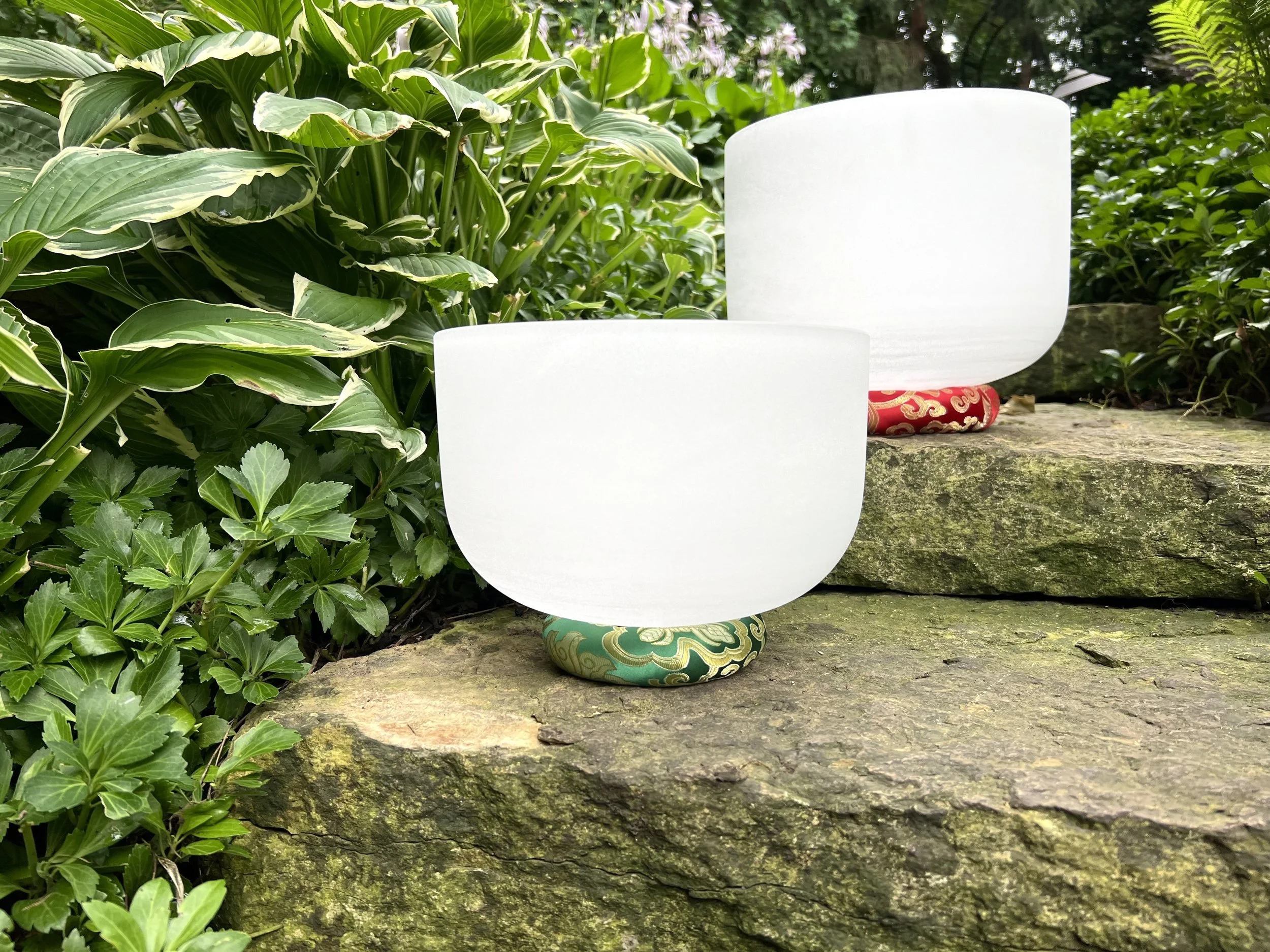 Two white crystal bowl with colorful patterned bases are placed on a stone surface outdoors, surrounded by green foliage and flowering plants.