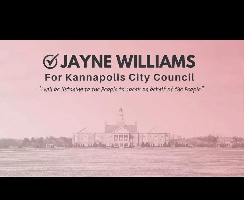 Campaign sign for Jayne Williams running for Kannapolis City Council, featuring an illustration of a city hall building and a quote about listening to the people.