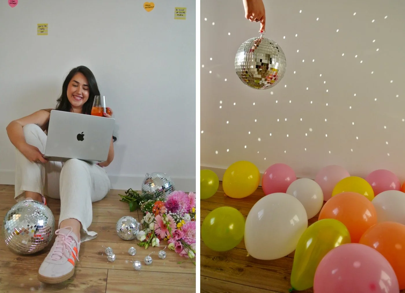 A social media strategist sits on the floor with a laptio in her lap while holding a beverage in her right hand