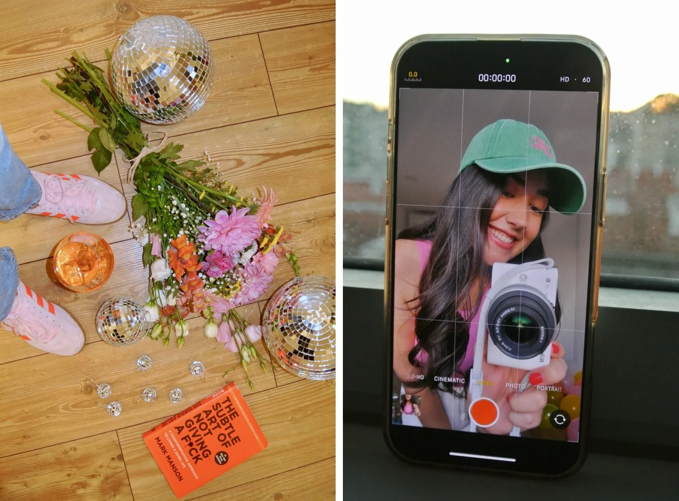 A social media strategist takes a photo of herself using the selfie camera of an iphone