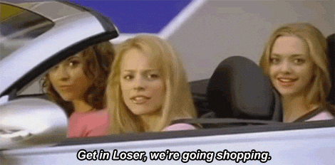 A Gif from mean girls of three girls in a car pulling up beside a friend