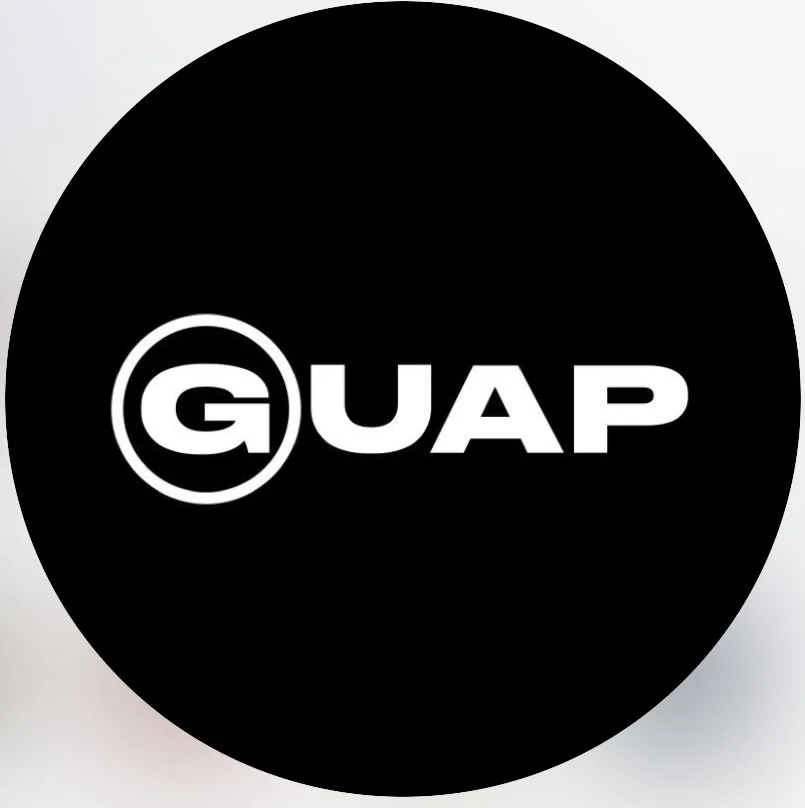 Black circular background with white text 'GUAP' and a stylized 'G' inside a circle.