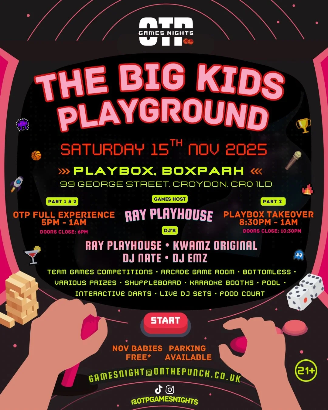 Event poster for 'The Big Kids Playground' at Playstation Boxpark on Saturday, November 15, 2025, featuring DJ Ray Playhouse and Kwanz Original, with activities like arcade games, darts, karaoke, and food stalls.