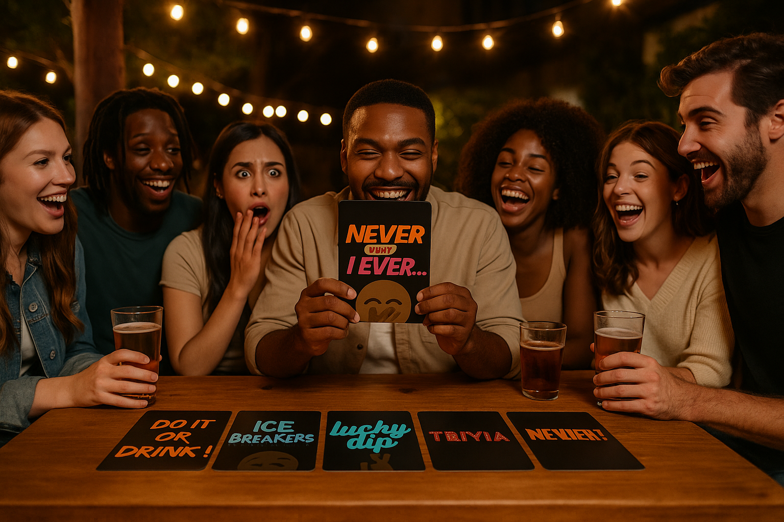A group of seven friends gathered at a table playing a social game outdoors, with string lights overhead. They are smiling and laughing, with drinks in front of them, and a man in the center holding a card that says, "Never Lny I Ever...". The game cards on the table include "Do It Or Drink!", "Ice Breakers", "Lucky Dip", "Trivia", and "Never!".