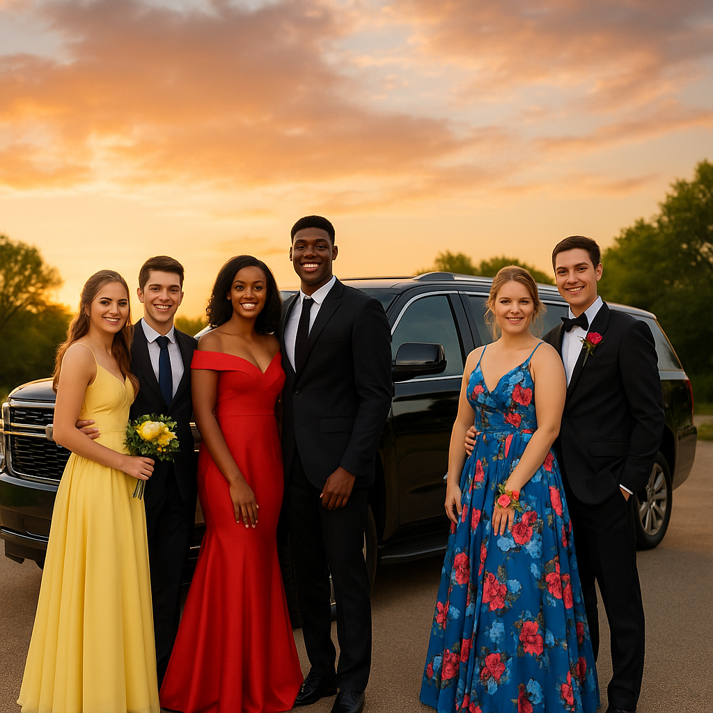 Group of six young adults in formal dresses and suits standing outdoors in front of a black SUV during sunset.